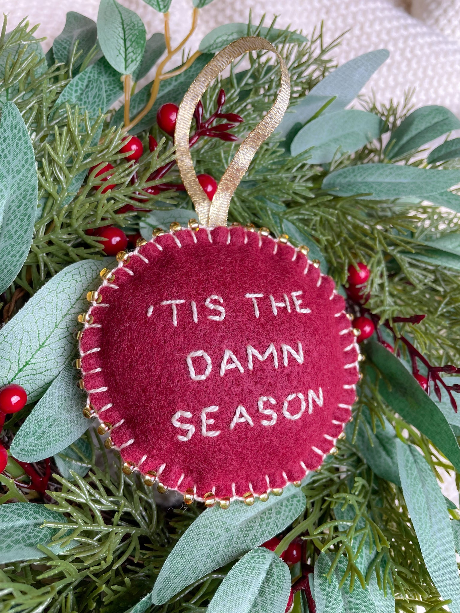 Tis the Damn Season and Merry Swiftmas Hand Embroidered Ornaments