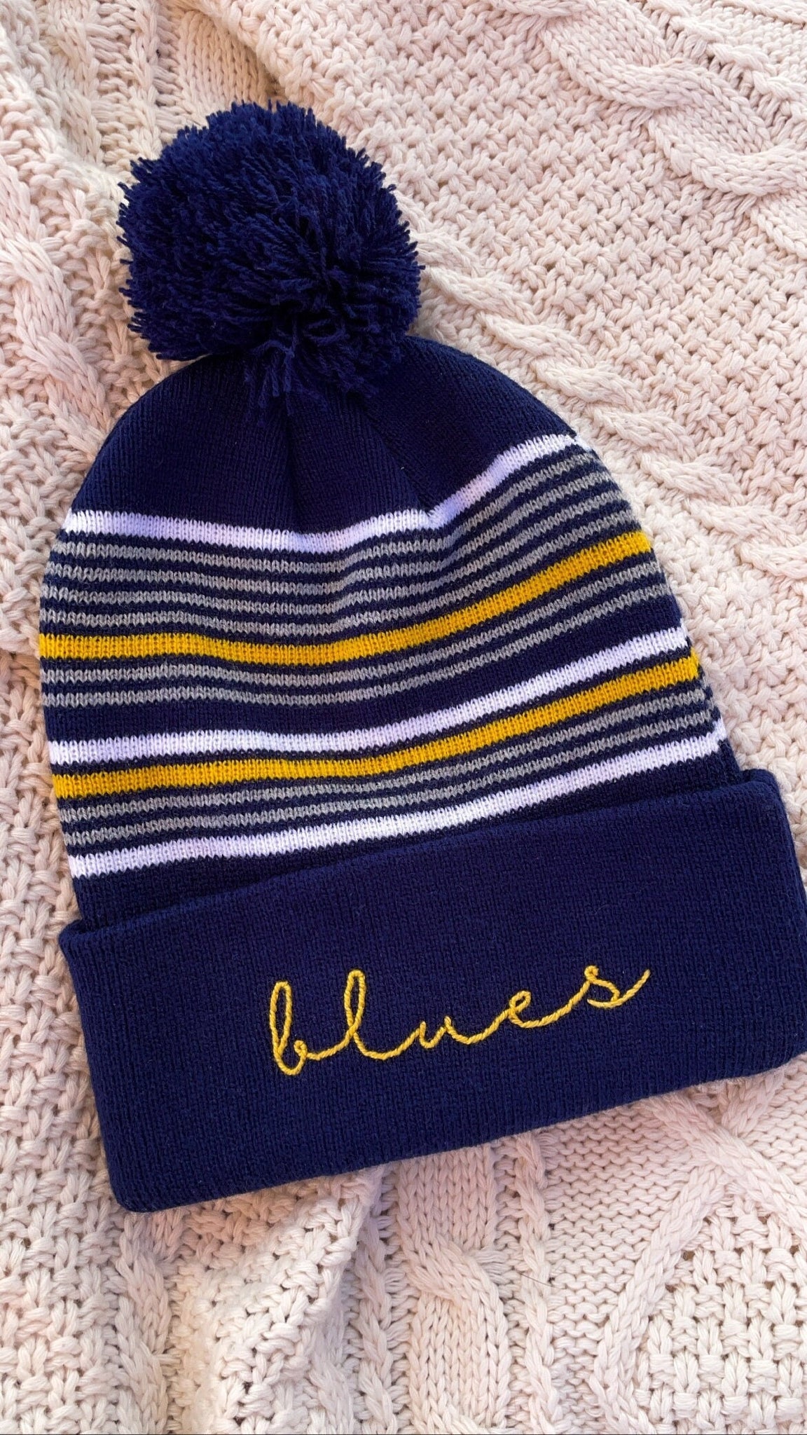 Blues Hand Embroidered Striped Beanie