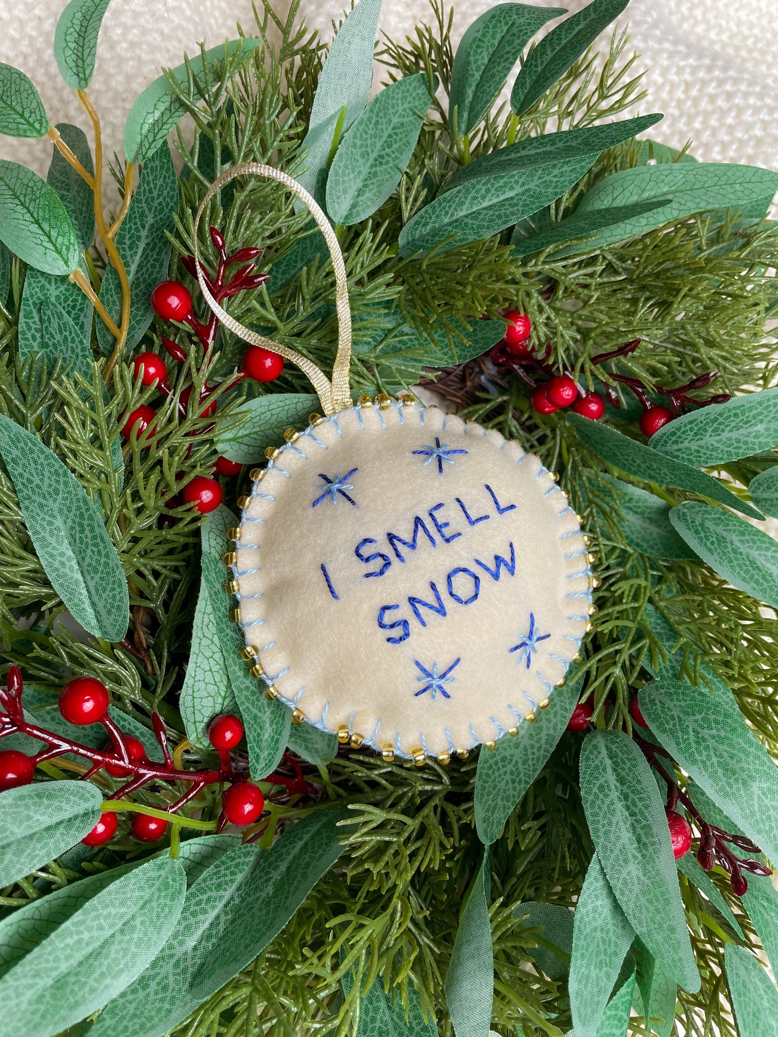 I Smell Snow Hand Embroidered Christmas Ornament