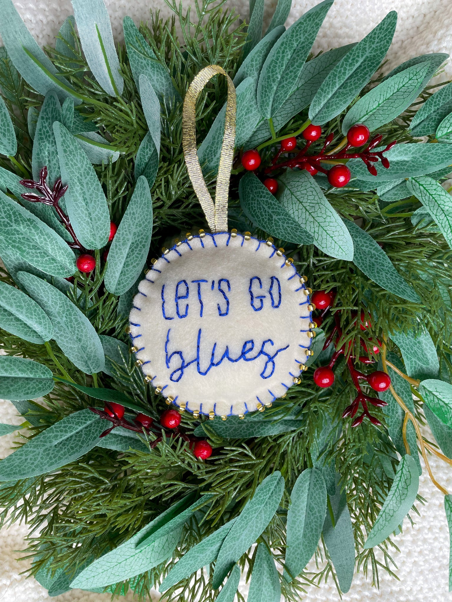 Let’s Go Blues Hand Embroidered Ornament