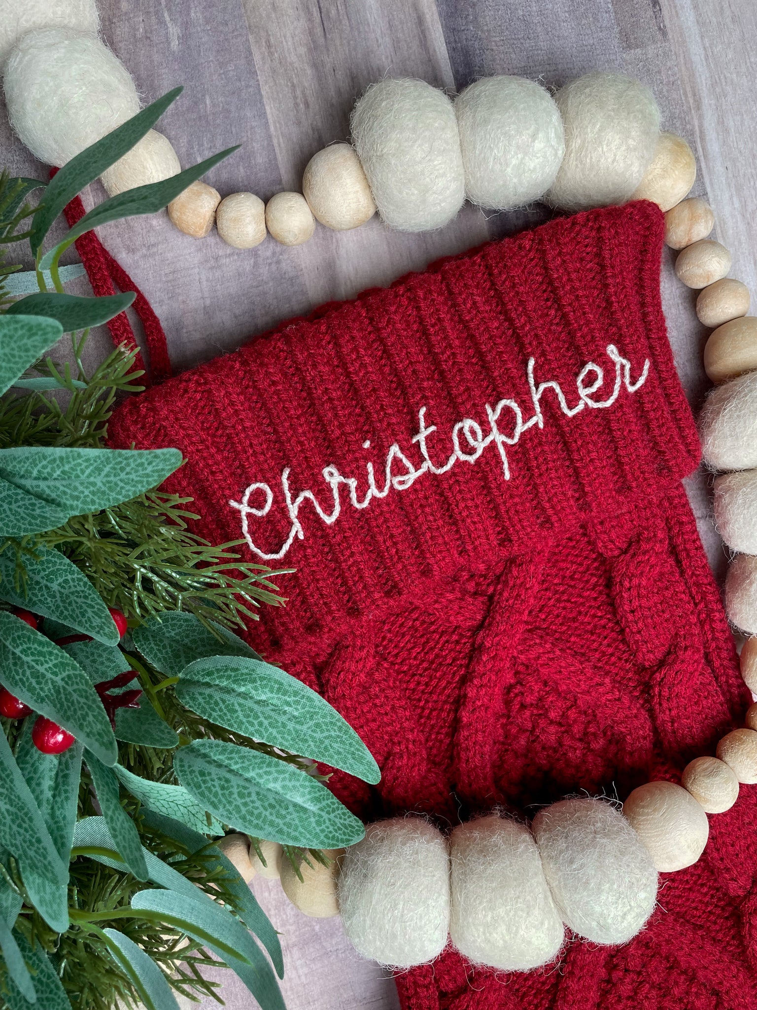 Hand Embroidered Cable Knit Stocking