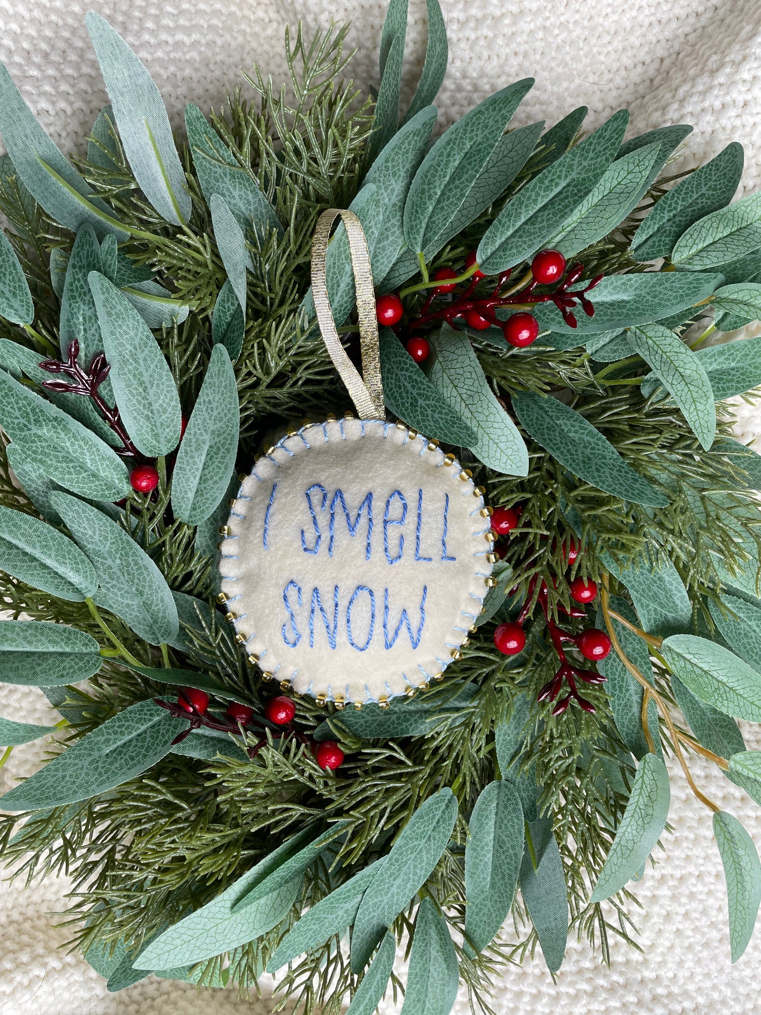 I Smell Snow Hand Embroidered Christmas Ornament